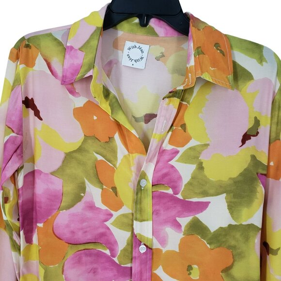 With Jean Pink Green Yellow Orange Floral Long Sleeve Button Front Collar Dress - Picture 7 of 16